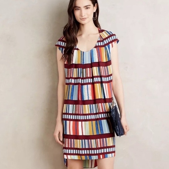 Anthropologie Maeve Au Revoir Print Multi Striped Shift Dress Size 2 - Picture 1 of 4